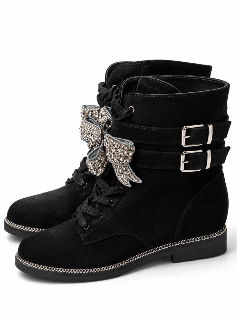Kurt Geiger Sutton Crystal Bow Combat Boots Black Suede EU 39 - Picture 2 of 3